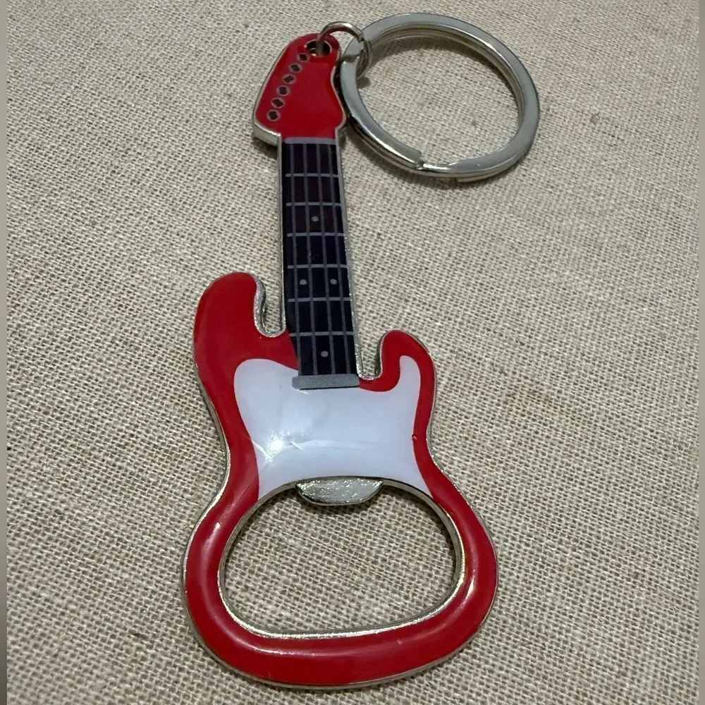 Guitar Bottle Opener Keychain Red & White – Rockin’ Accessory for Music Lovers